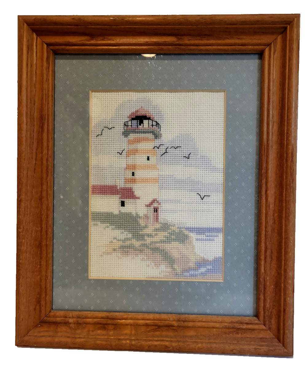 VTG Weekenders Gull Lighthouse Cross Stitch Wood Framed 10 x 12" canvas is 5 x 7